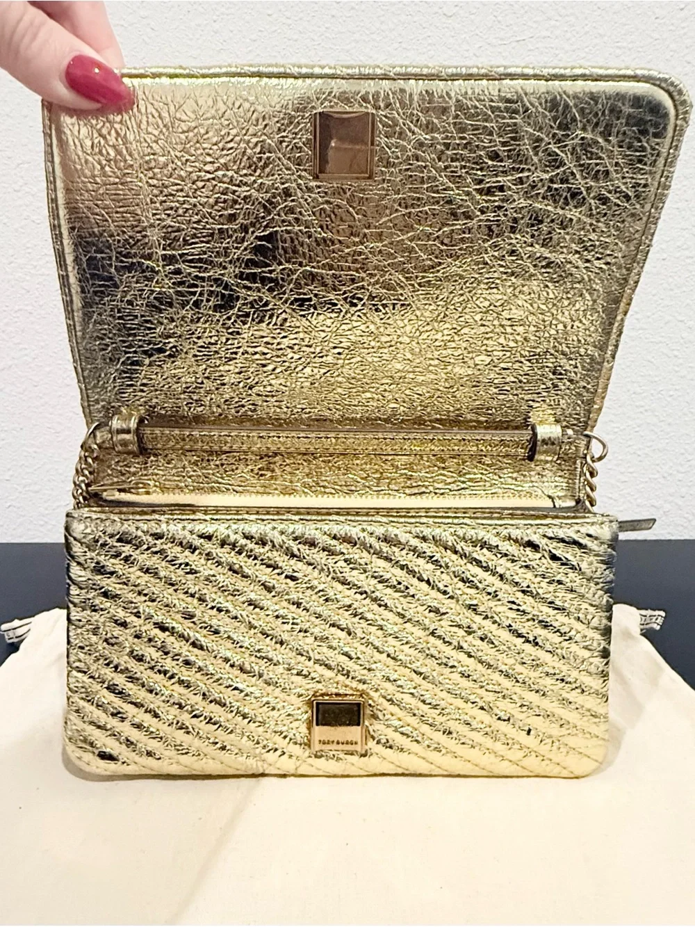 ✨ Tory Burch Kira Metallic Moto Gold Quilted Chain Clutch Wallet Crossbody Bag